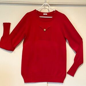 Vintage CHANEL Red Cotton Pocket Front Sweater Crew Gold Engraved Button - Sz M?